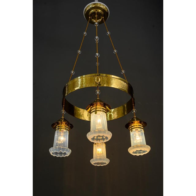 Art Deco Hammered Chandelier with Opaline Glass Shades, Vienna, 1920 For Sale - Image 9 of 18