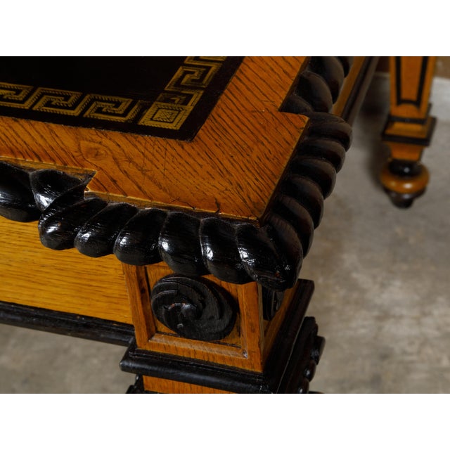 19th Century English 19th Century Oak Desk with Ebonized Accents and Gilded Greek Key Frieze For Sale - Image 5 of 10