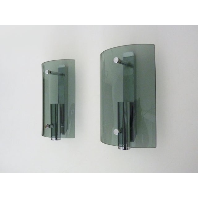 Vintage Italian Wall Lights in Bluish Smoked Glass and Chrome, 1970s, Set of 2 For Sale - Image 3 of 9