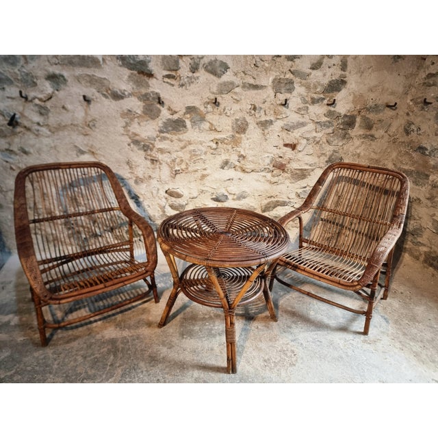 Vintage Rattan Lounge Set, France, 1940s, Set of 3 For Sale - Image 15 of 18