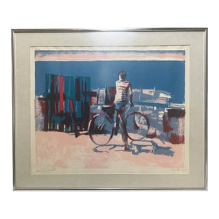 Vintage Boy With Bicycle Neo-Impressionist Lithograph by Nicola Simbari For Sale