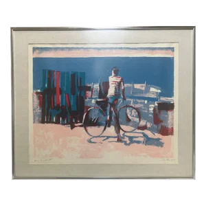 Vintage Boy With Bicycle Neo-Impressionist Lithograph by Nicola Simbari