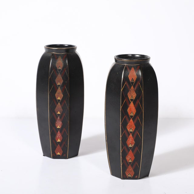 Art Deco Pair of Art Deco Ceramic Vases W/ Geometric Motifs Signed Faincerie St Ghislain For Sale - Image 3 of 14