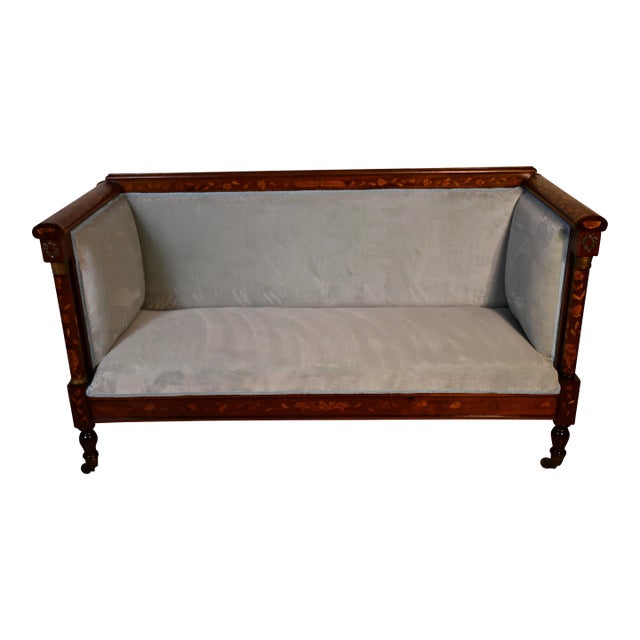 1840s Antique Dutch Marquetry Mahogany & Satinwood Inlay Spring-Seat Sofa For Sale