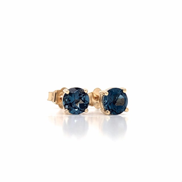 Modern London Blue Topaz Four Prong Solitaire Studs in Solid 14k Gold - 2 Pieces For Sale - Image 3 of 10