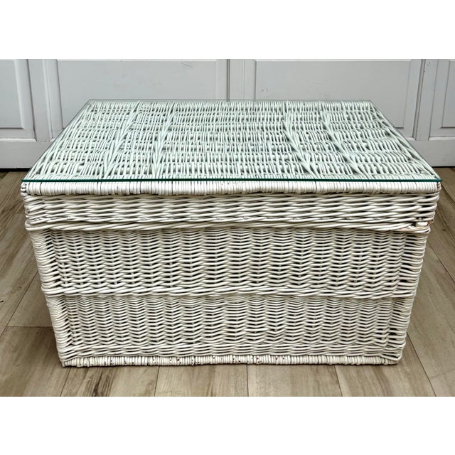 1980s Vintage White Wicker Blanket Chest Coffee Table With Glass Top For Sale - Image 5 of 12