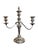 A beautiful pair of silver-plated three-light candelabras—featuring a central flame-form finial, curved arms, and...