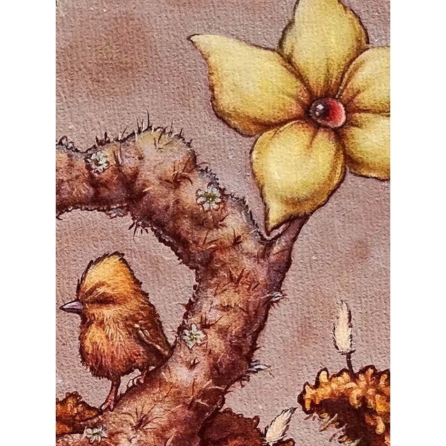 In "Version XIV," a surreal scene unfolds on a cradled wood panel, where organic forms intertwine with earthy textures,...