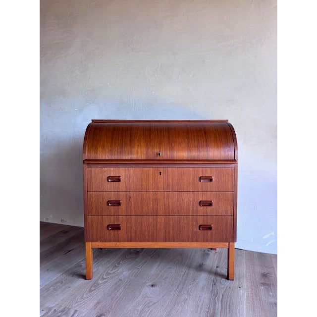 1960s Mid-Century Teak Rolltop Secretary Desk Signed Egon Ostergaard With Label Made in Sweden For Sale - Image 5 of 17