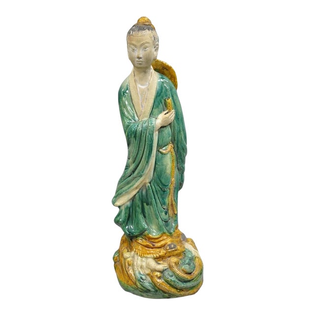 Late 19th Century Antique Chinese Green Sancai Glazed Pottery 21" Guanyin Sculpture Figure For Sale