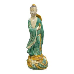 Late 19th Century Antique Chinese Green Sancai Glazed Pottery 21" Guanyin Sculpture Figure