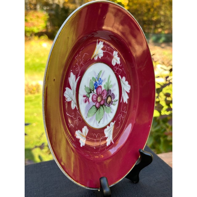 19th Century Imperial Gardner Porcelain Claret Red Floral Plate & Piala Bowl - Set of 2 For Sale In Boston - Image 6 of 10