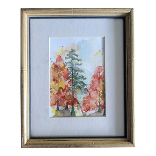 Vintage Original Autumn Fall Trees Landscape Watercolor Painting Framed For Sale