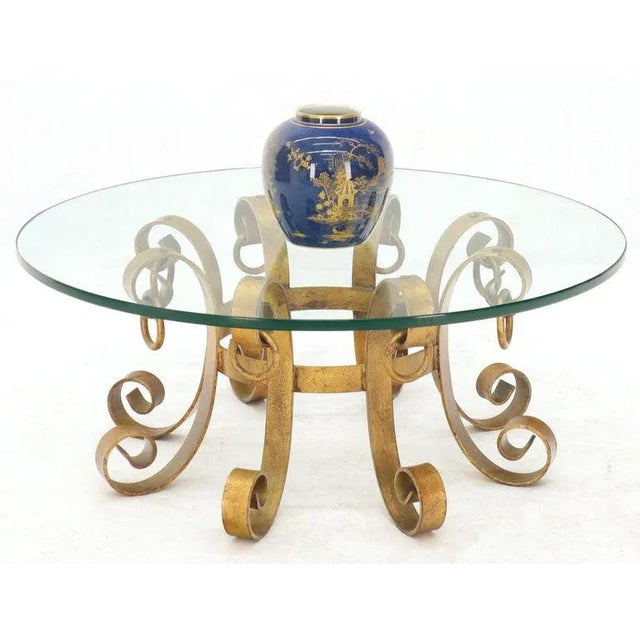 Metal Round Decorative Gilt Wrought Iron Base Glass Top Sunburst Coffee Table For Sale - Image 7 of 13