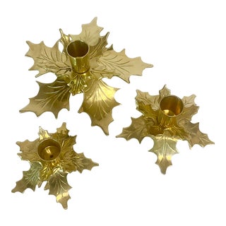 1980s Hollywood Regency Christmas Brass Holly Leaf Candle Holders - Set of 3. For Sale
