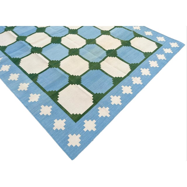 Handmade Cotton Area Rug Vegetable Dyed Sky Blue and Green Vista Rug-9'x12' For Sale - Image 6 of 11