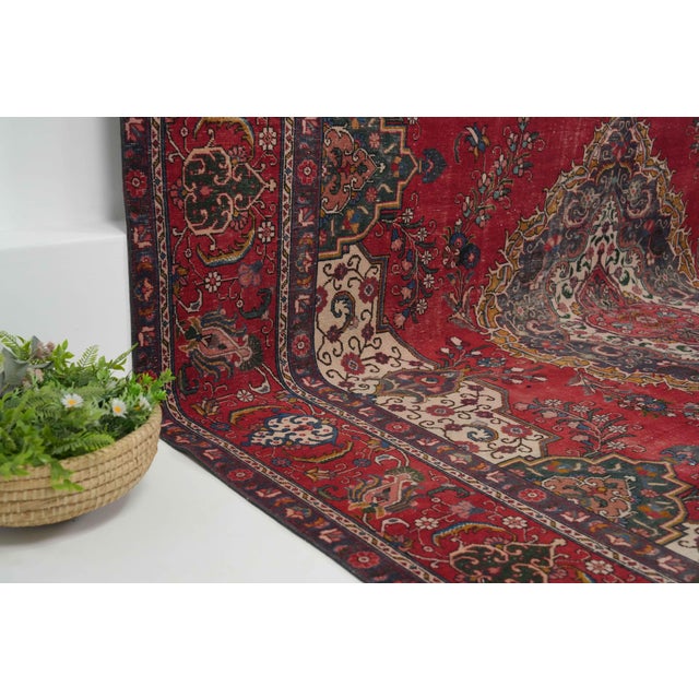 1970s 1970s Vintage Persian Handmade Wool 10x13 Red Area Rug For Sale - Image 5 of 11
