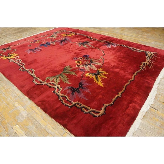 Splendid Red Background With Palmtrees in a Floral Design Antique Chinese Art Deco Rug For Sale - Image 11 of 12