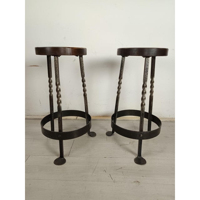Brutalist Bar Stools in Elm and Wrought Iron, 1950s, Set of 2 For Sale - Image 14 of 14