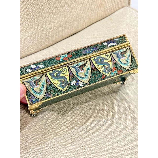 Exceptional Meiji Japanese Cloisonne Enamel Phoenix Dragon Box Signed Inaba For Sale - Image 12 of 15