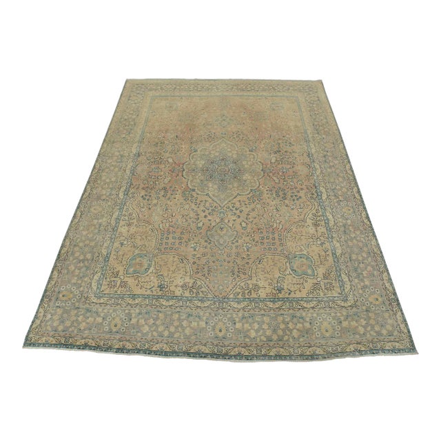 Tabriz Rug 10’2” X 12’6” Pink Wool Vintage Distressed Hand-Knotted Carpet For Sale