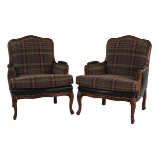 New Ralph Lauren Wool and Leather on Vintage Louis XV Pair of Chairs For Sale