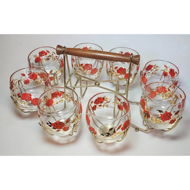 Midcentury Gold & Red Rose Roly Poly Set With Gold & Walnut Carrier- Set of 9 For Sale - Image 6 of 7