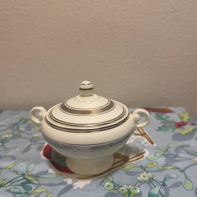 Vintage Fine China Lidded Sugar Bowl with Metallic Silver Bands