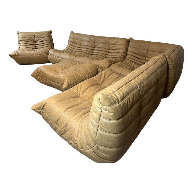 Togo Sofa in Camel Leather by Michel Ducaroy for Ligne Roset, Set of 5 For Sale