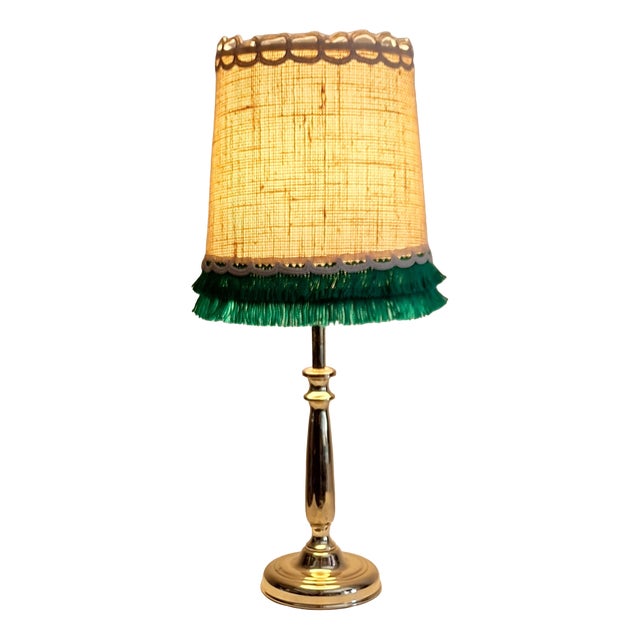 Vintage Brass Pilot Table Lamp with Fabric Shade and Green Trim, 1990s For Sale