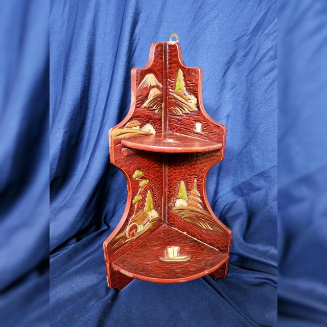Brick Red Vintage 1950s Japanese Lacquered Fold Out Corner Shelf For Sale - Image 8 of 8
