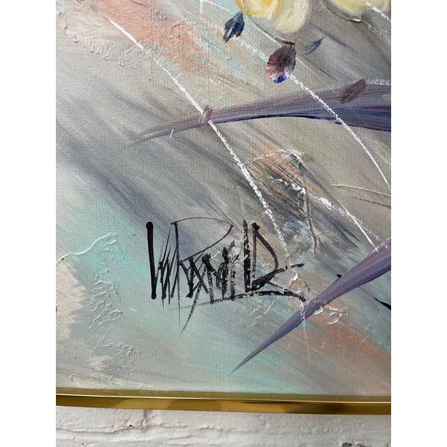 Textile Large Signed Lee Reynolds Floral Still Life Painting in Original Brass Frame For Sale - Image 7 of 9
