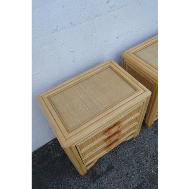 Wood Hollywood Regency Faux Bamboo Caned Large Nightstands End Side Bedside Tables a Pair For Sale - Image 7 of 12
