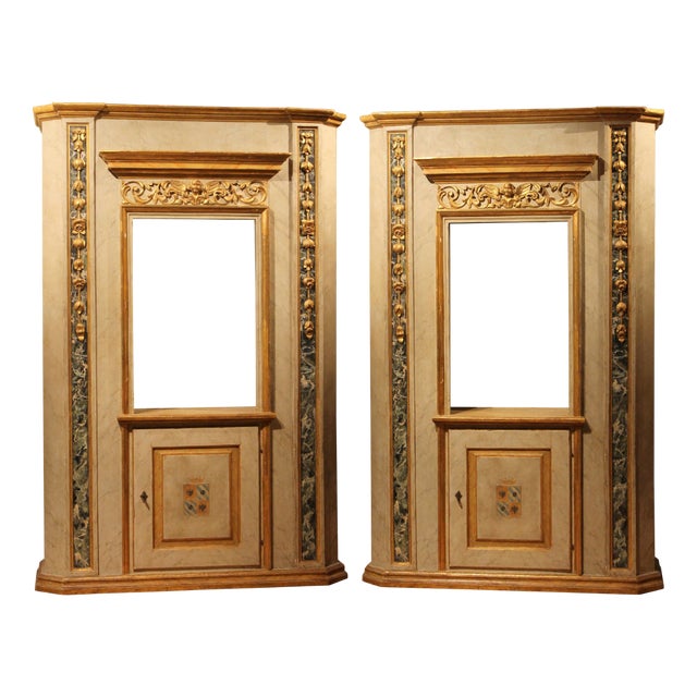 Italian Neoclassical Faux Marble Lacquer and Giltwood Open Shelves Cabinets, Set of 2 For Sale
