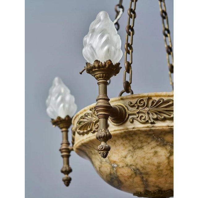 Representative Bronze Chandelier with Alabaster Bowl and Flamed Shades For Sale - Image 4 of 11
