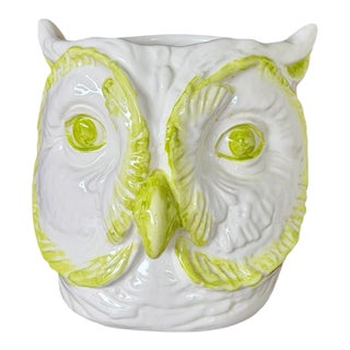 Vintage Glazed Ceramic Owl Planter Cachepot in White and Lime Green For Sale