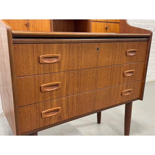Brown Mid Century Modern Teak Secretary Desk – Scandinavian Writing Desk With Storage, C. 1960’s For Sale - Image 8 of 15