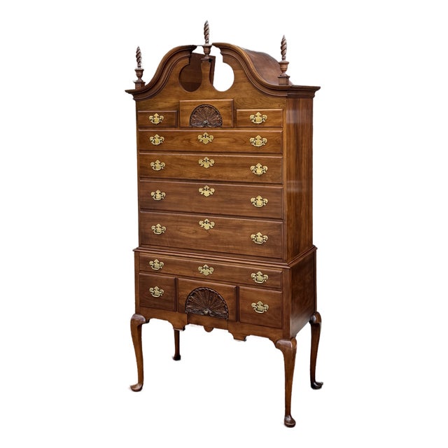 1970s Statton Private Collection Queen Anne / New England Solid Cherry 11 Drawer Highboy Dresser in Oldtowne Cherry For Sale