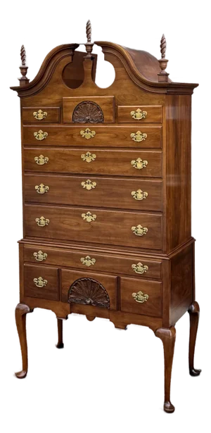 1970s Statton Private Collection Queen Anne / New England Solid Cherry 11 Drawer Highboy Dresser in Oldtowne Cherry