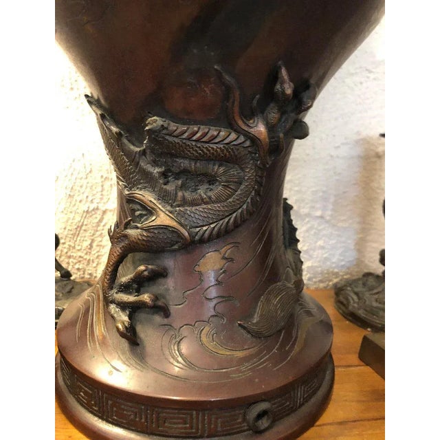 Meiji Period Bronze Twin Handled Urn With Decoration For Sale In New York - Image 6 of 13