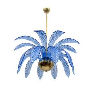 Mid-Century Modern Palm Leaves Chandelier in Light Blue Murano Glass and Brass, 1970 For Sale