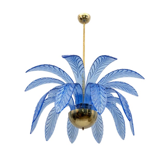Mid-Century Modern Palm Leaves Chandelier in Light Blue Murano Glass and Brass, 1970 For Sale