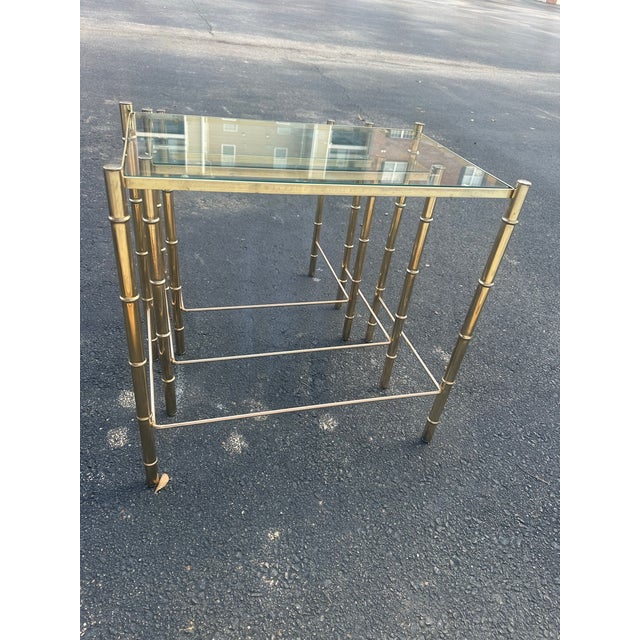 Metal Maison Baguès Style Brass Faux Bamboo Glass Nesting Tables – Hollywood Regency Mid-Century Set of 3 For Sale - Image 7 of 12