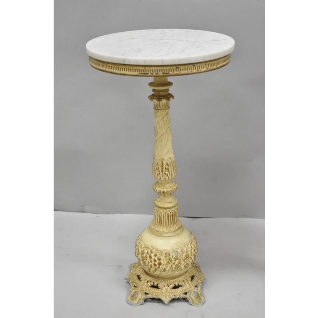 Vintage Hollywood Regency Small Metal Pedestal Marble Top Drinks Side Table Pair For Sale - Image 4 of 18