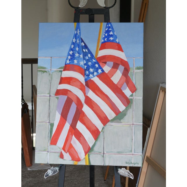 American "Flags on a Fence" Original Acrylic Americana Painting by Patty Rodgers For Sale - Image 3 of 6