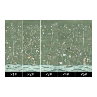 36" * H100"/Panel * 5ps, Dark Olive Green‌ Floral and Bird Wallpaper, Hand-Painted New Chinese-Style Floral and Bird Wallpaper Mural,5 Panels For Sale