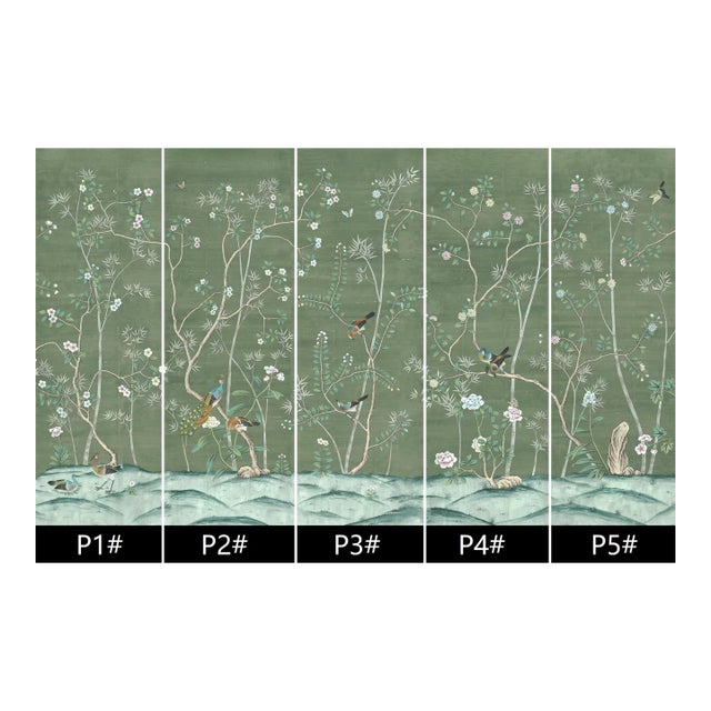 36" * H100"/Panel * 5ps, Dark Olive Green‌ Floral and Bird Wallpaper, Hand-Painted New Chinese-Style Floral and Bird Wallpaper Mural,5 Panels For Sale