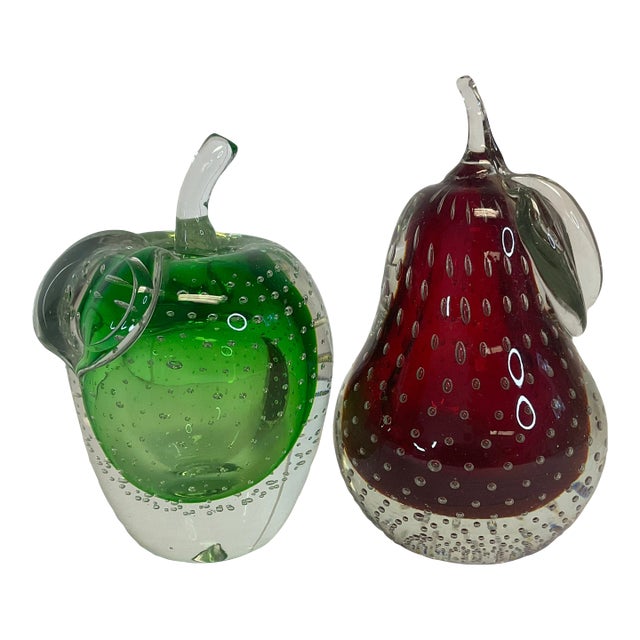 Vintage Mid Century Italian Murano Hand-Blown Controlled Bubble Pear and Apple - a Pair For Sale