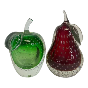 Vintage Mid Century Italian Murano Hand-Blown Controlled Bubble Pear and Apple - a Pair