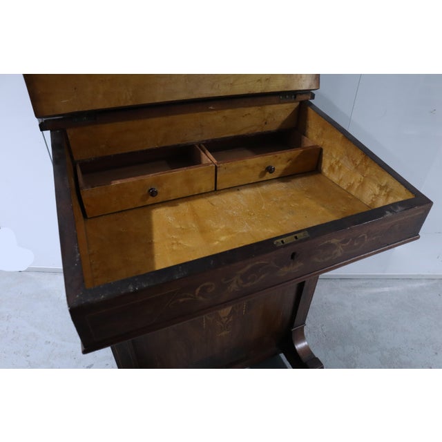 Mid 19th Century Beautiful Antique Rosewood Marquetry Writing Desk With Dual Flip Tops, Drawers & Wheels For Sale - Image 10 of 13